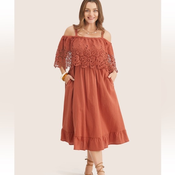 BloomChic Plus Size Solid Cold Shoulder Contrast Lace Pocket Ruffle Hem Dress - Picture 4 of 7